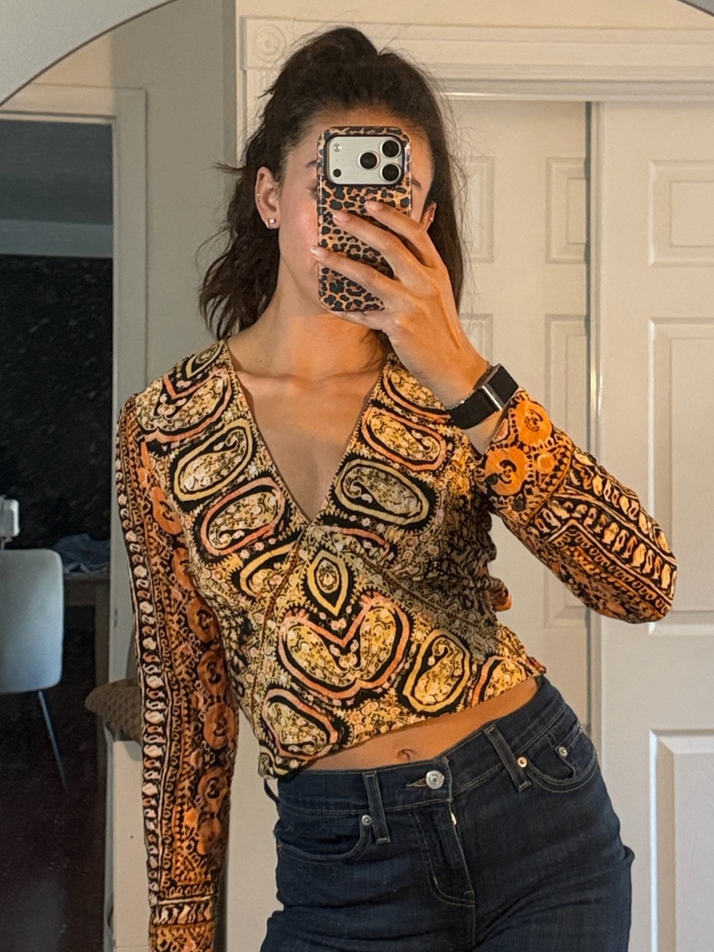 Free People Orange and Black Paisley Blouse